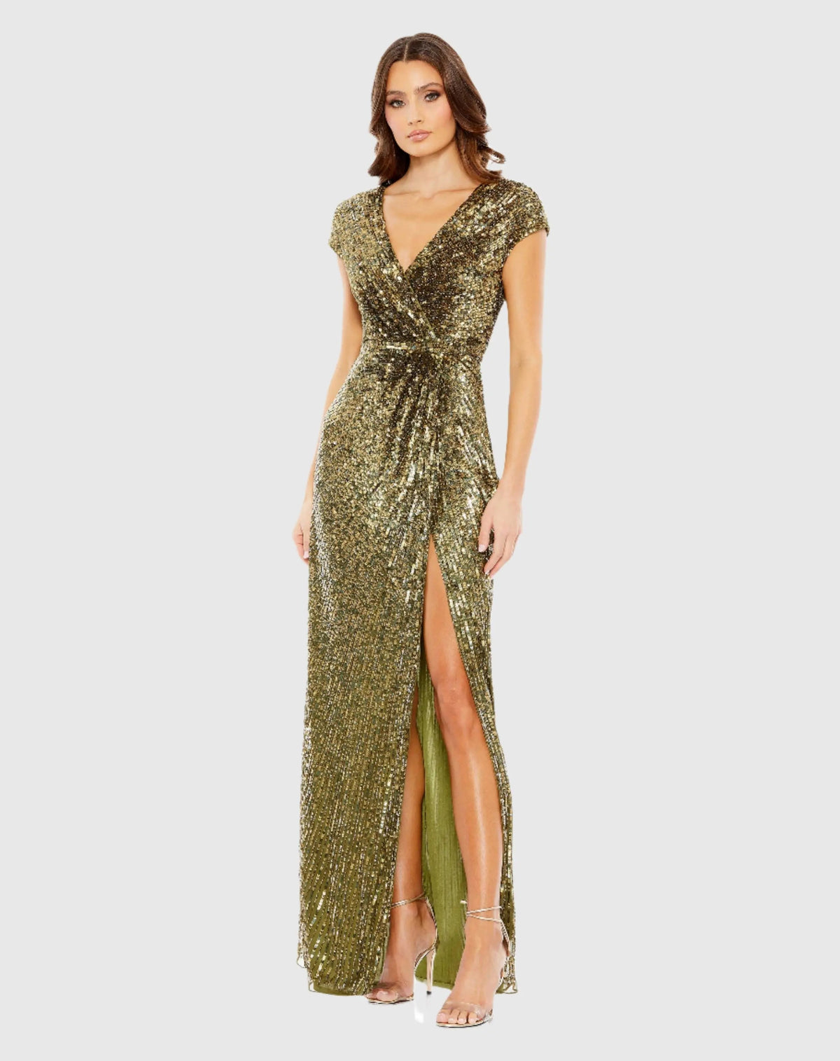 Green Sequined Faux Wrap Cap Sleeve Gown