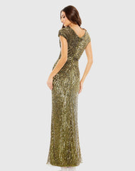 Green Sequined Faux Wrap Cap Sleeve Gown