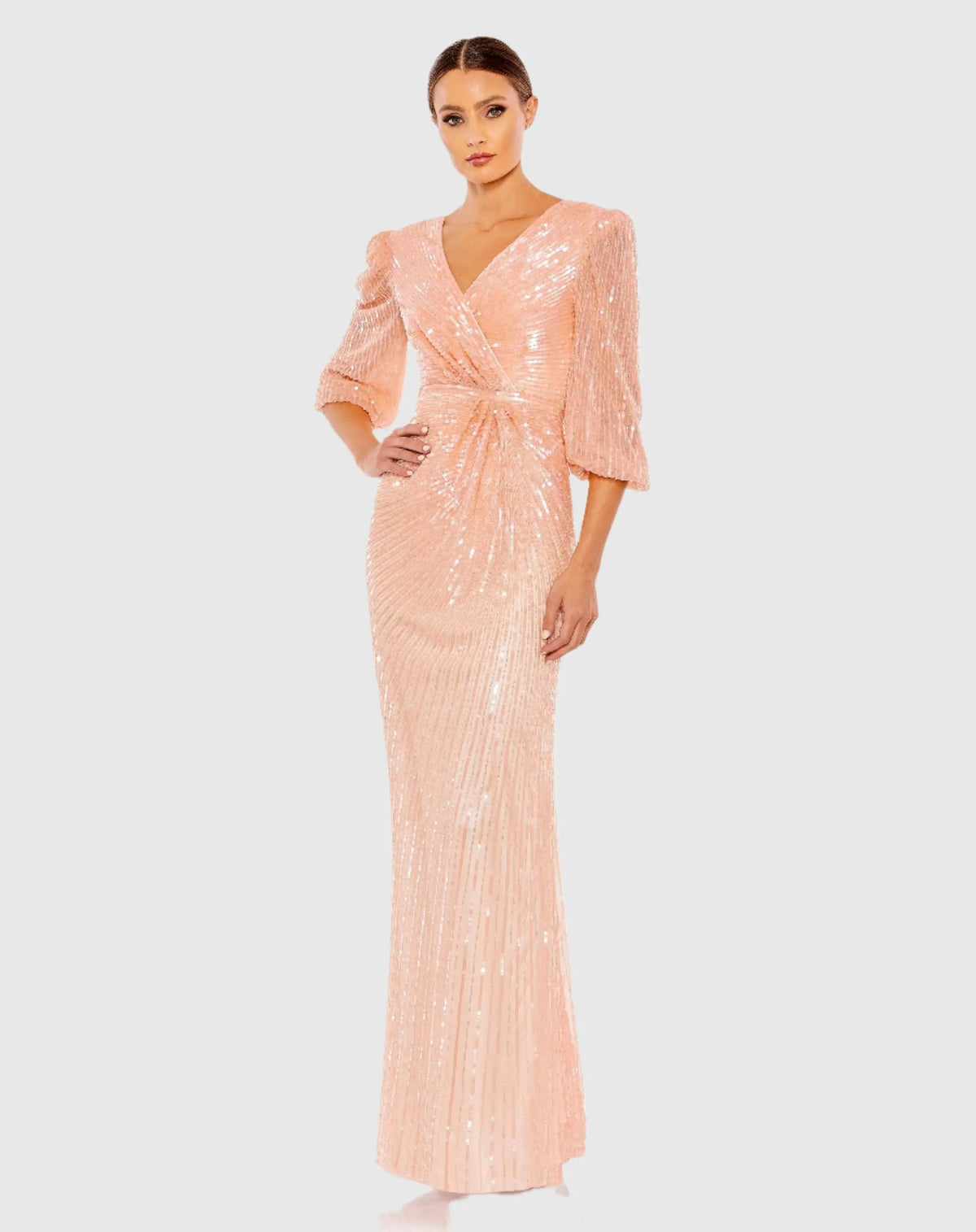 Pink Sequined Faux Wrap Puff Sleeve Gown