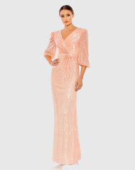 Pink Sequined Faux Wrap Puff Sleeve Gown