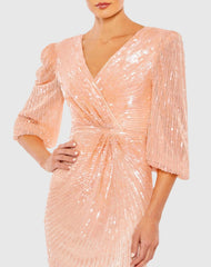 Pink Sequined Faux Wrap Puff Sleeve Gown