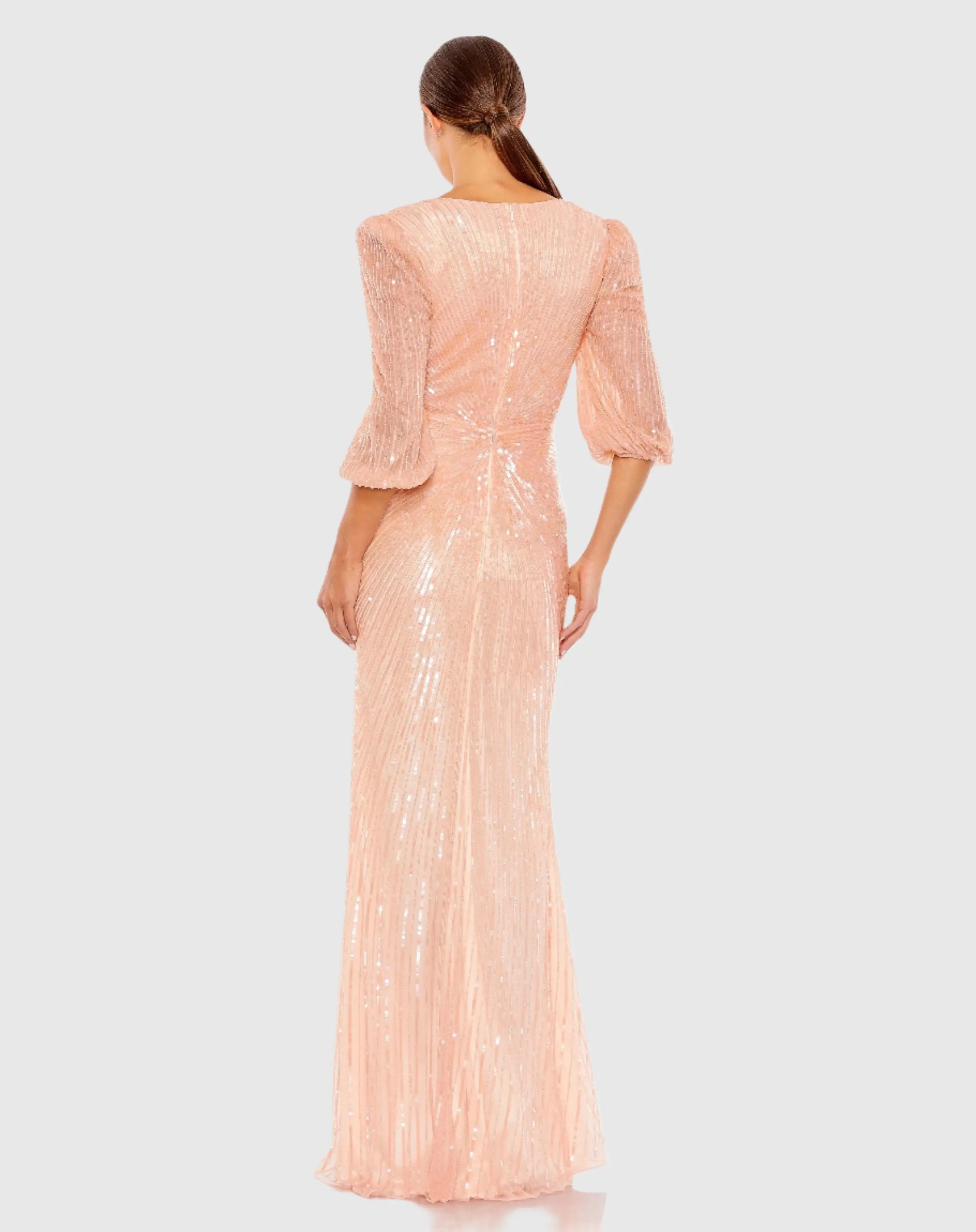 Pink Sequined Faux Wrap Puff Sleeve Gown