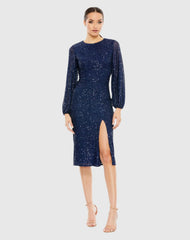 Navy Sequined Puff Sleeve High Neck Dress