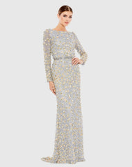 Silver Embellished Long Sleeve High Neck Gown