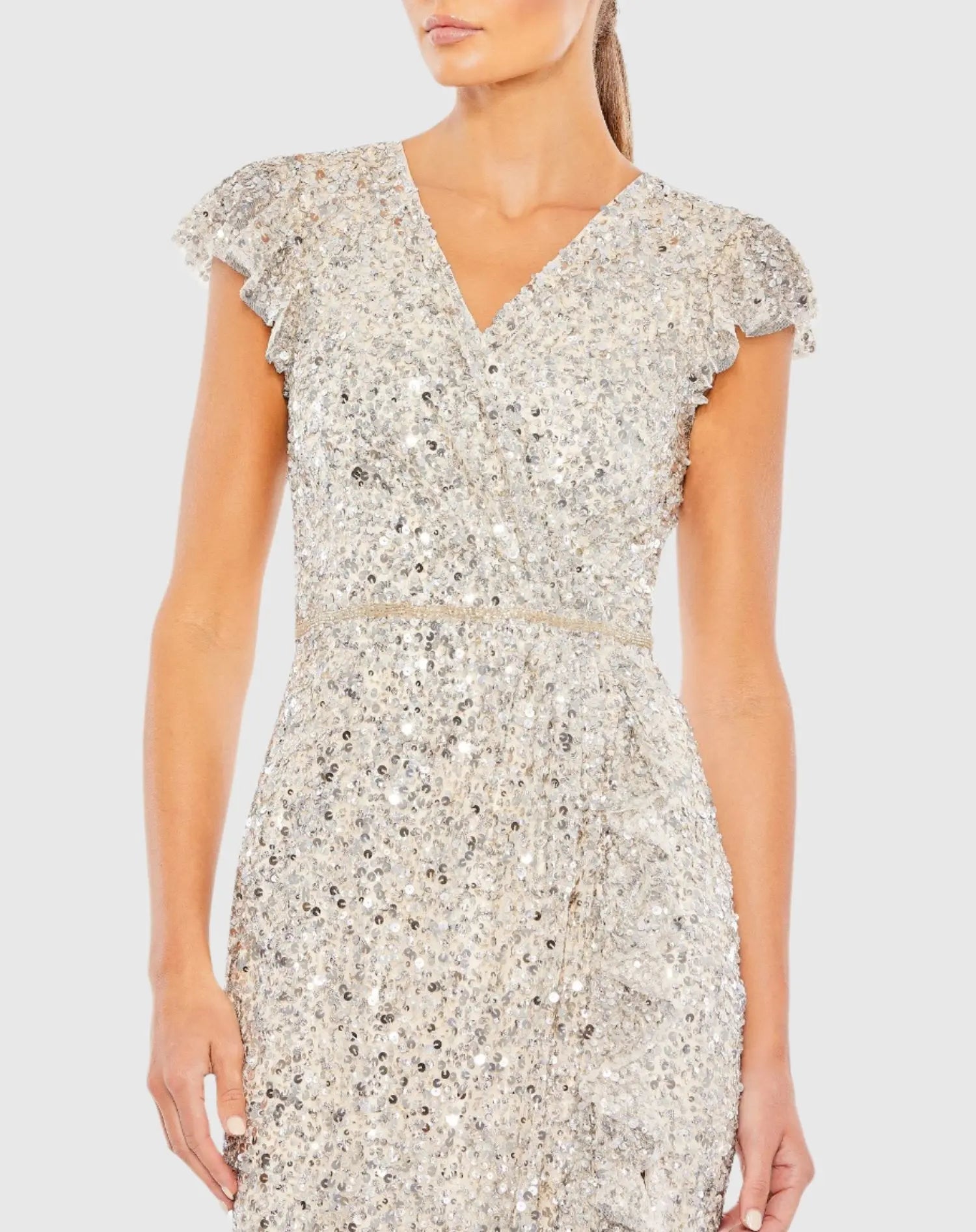 Silver Sequined Faux Wrap Ruffle Cap Sleeve Gown