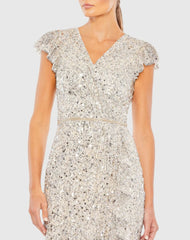 Silver Sequined Faux Wrap Ruffle Cap Sleeve Gown