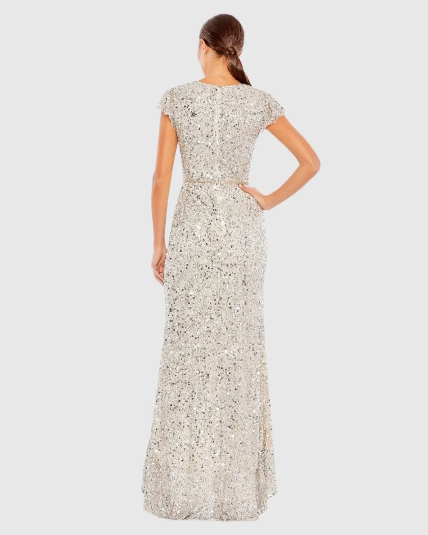 Silver Sequined Faux Wrap Ruffle Cap Sleeve Gown