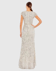 Silver Sequined Faux Wrap Ruffle Cap Sleeve Gown