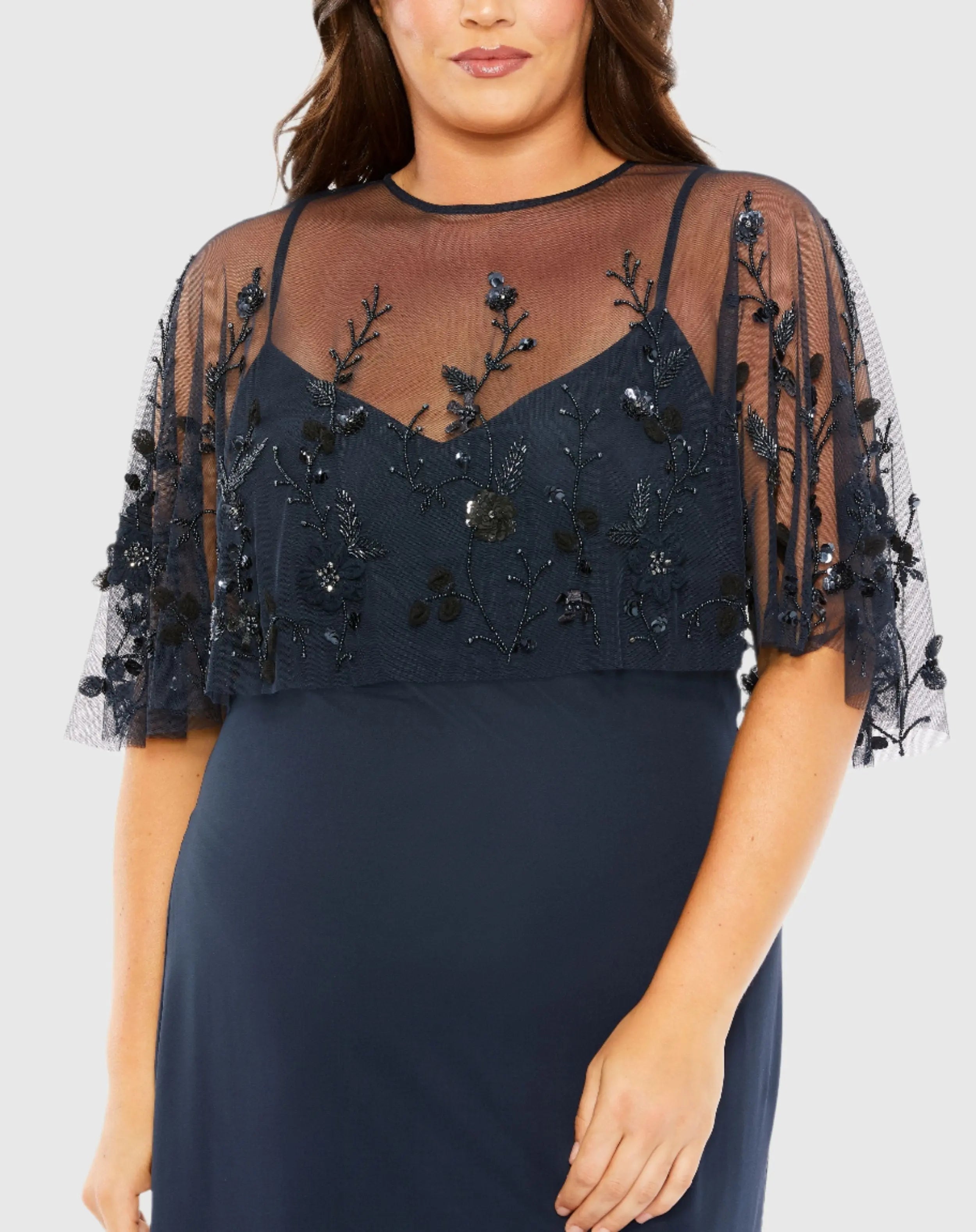 Navy Sleeveless Gown With Embellished Cape (Plus)