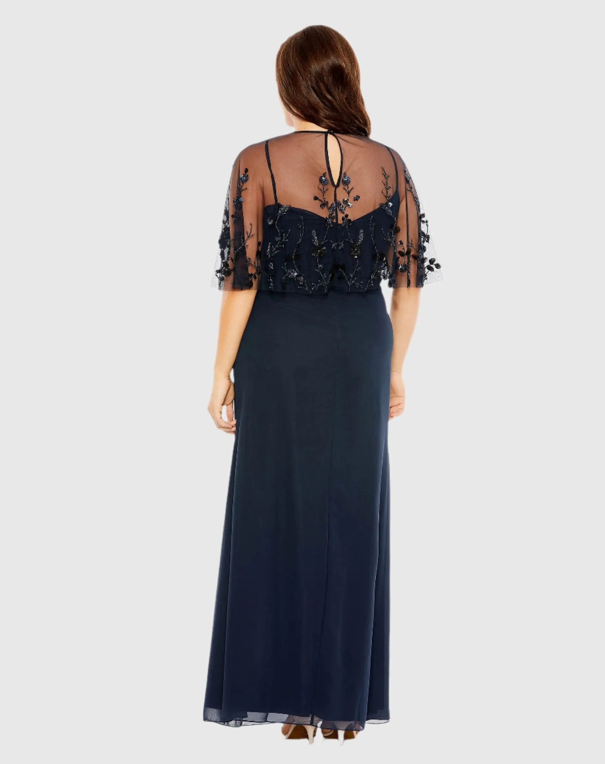 Navy Sleeveless Gown With Embellished Cape (Plus)