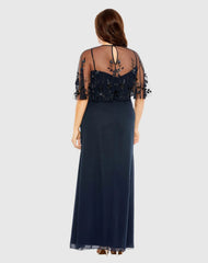 Navy Sleeveless Gown With Embellished Cape (Plus)