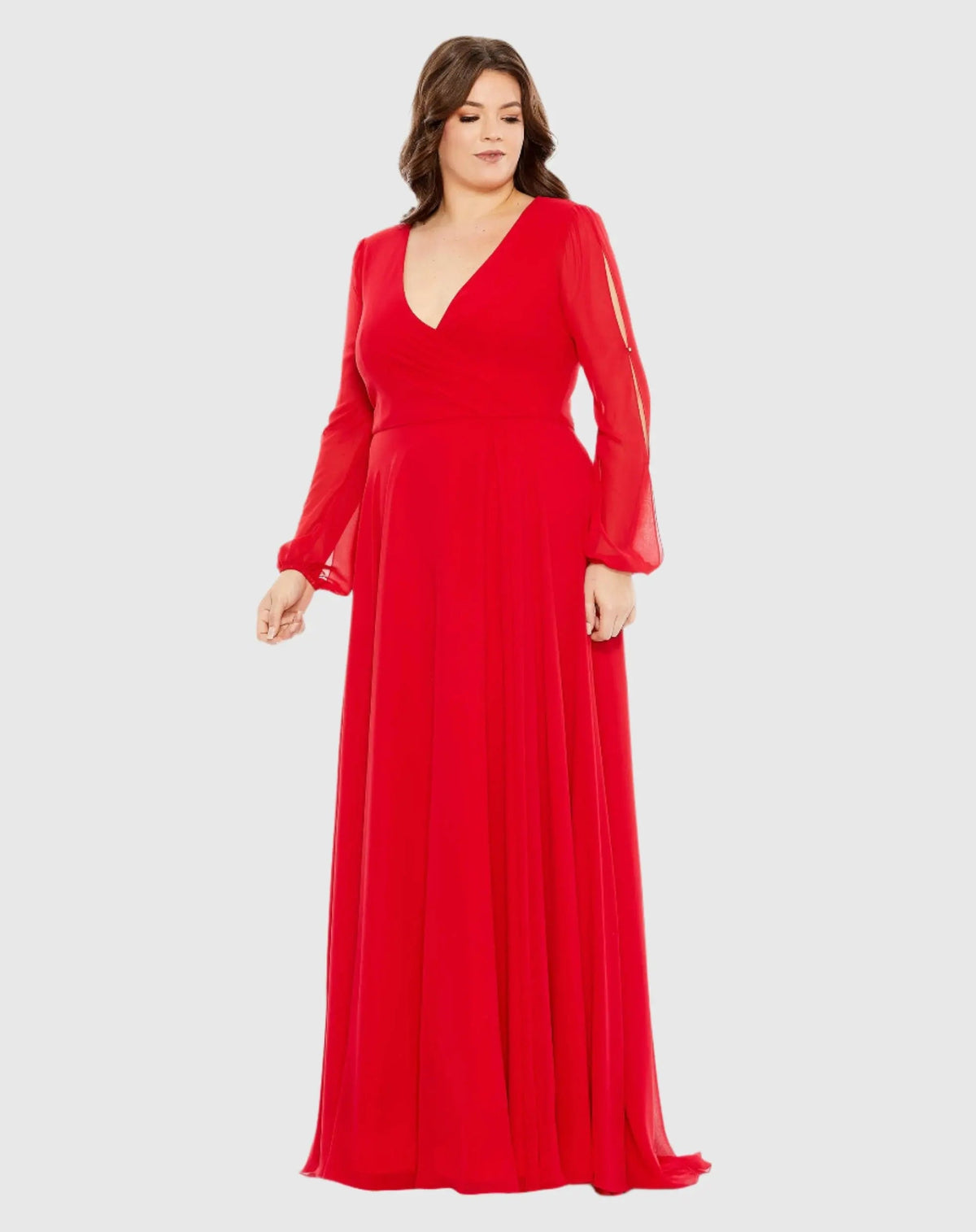 Red Split Puff Sleeve Faux Wrap A Line Gown