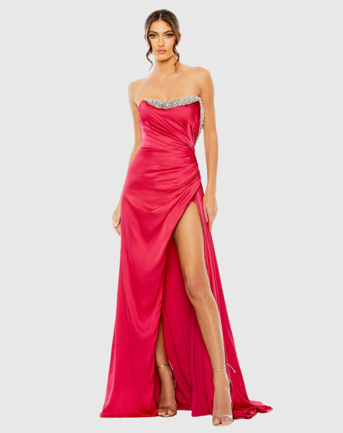 Pink Strapless Ruched Embellished Gown