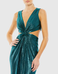 Teal Metallic Cut Out Mermaid Gown with High Slit