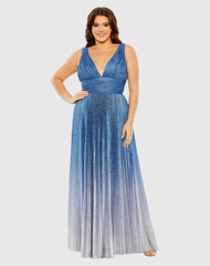 Blue V-Neck Ombre Pleated Gown