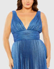 Blue V-Neck Ombre Pleated Gown