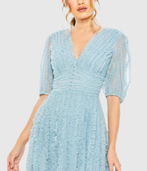 Blue V Neck Puff Sleeve Ruffle Tiered A Line Gown