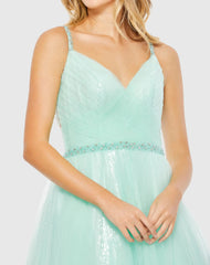 Green V-Neck Tulle Ballgown with Embellished Belt - FINAL SALE