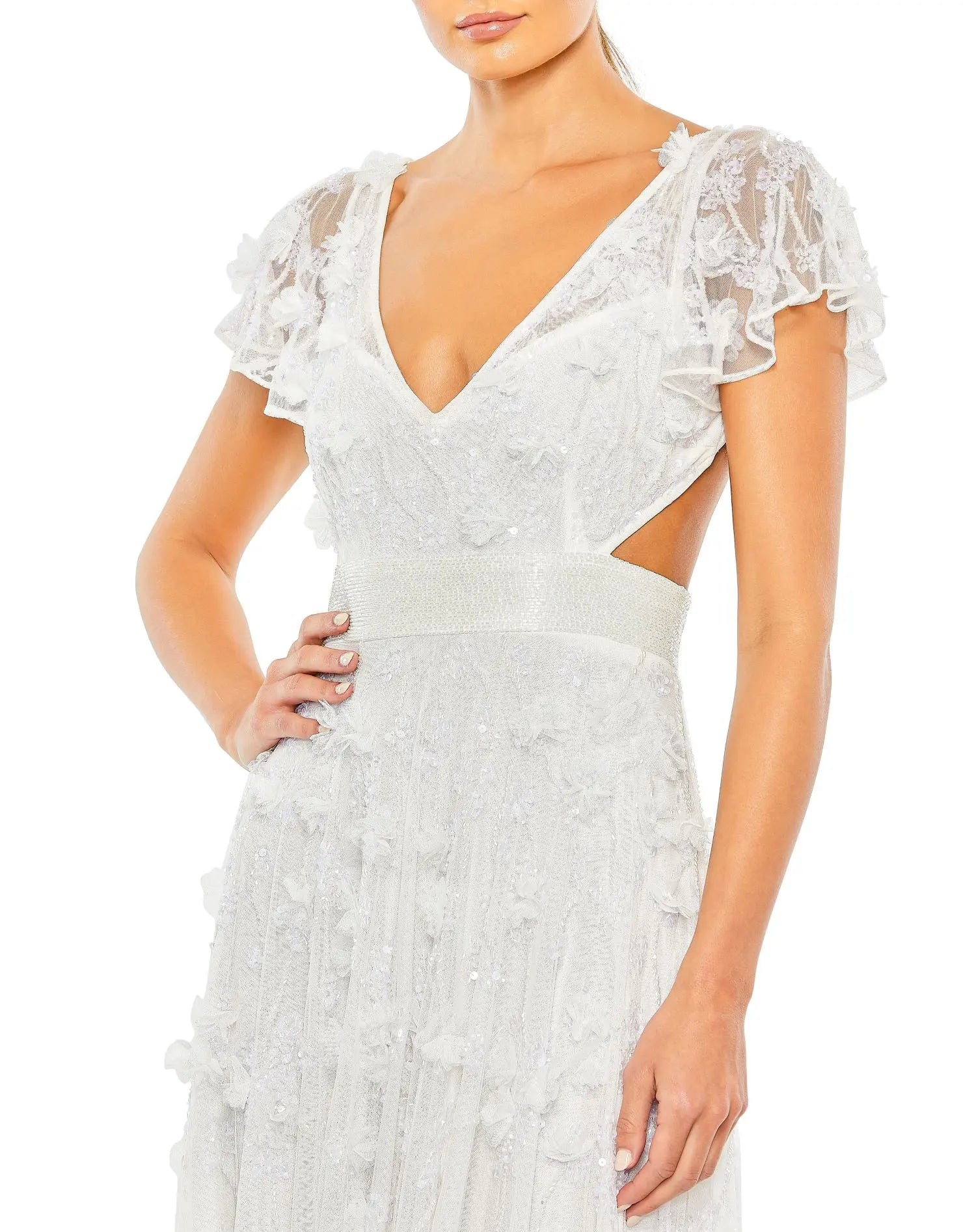 White Embellished Lace Up Flowy Gown