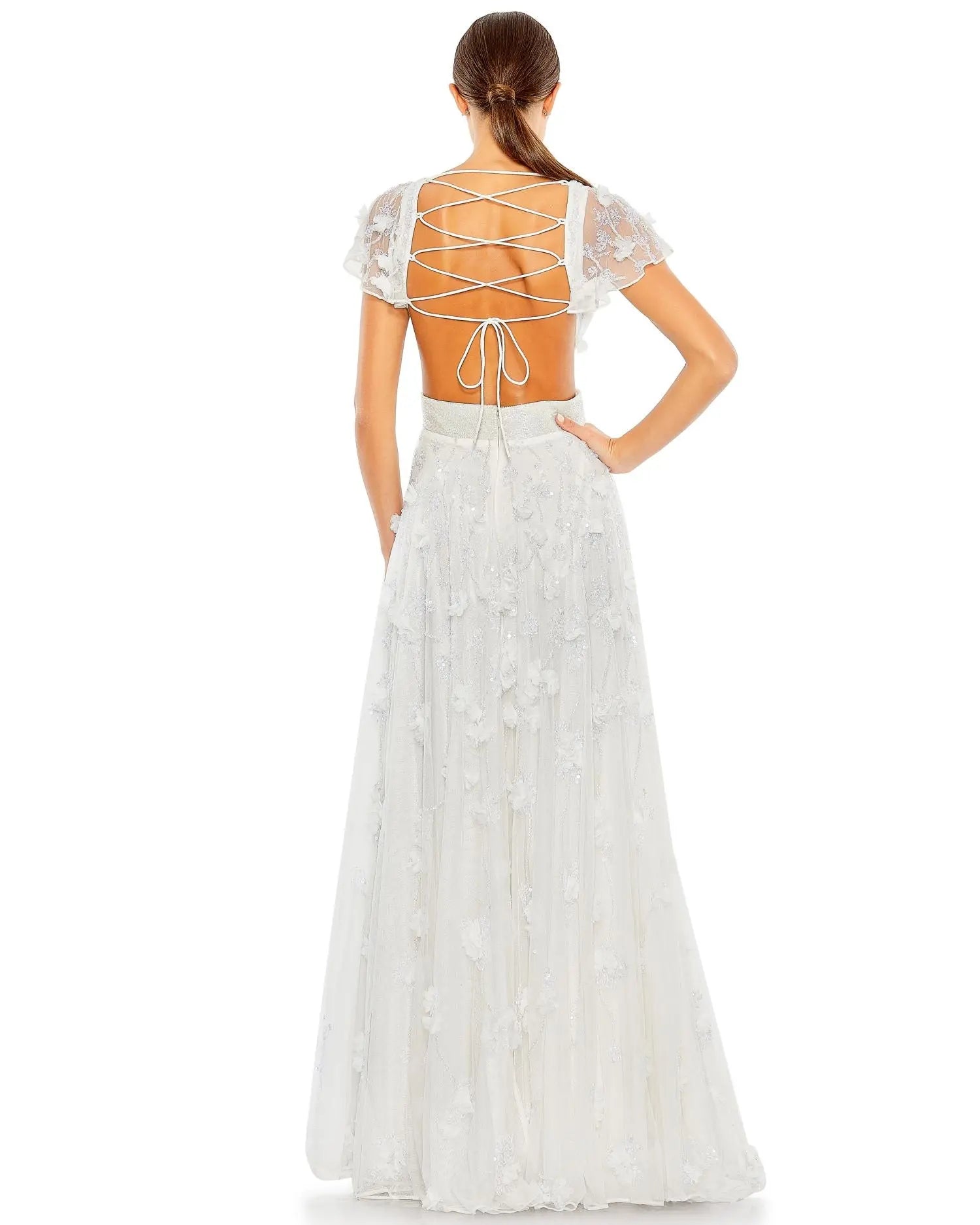 White Embellished Lace Up Flowy Gown