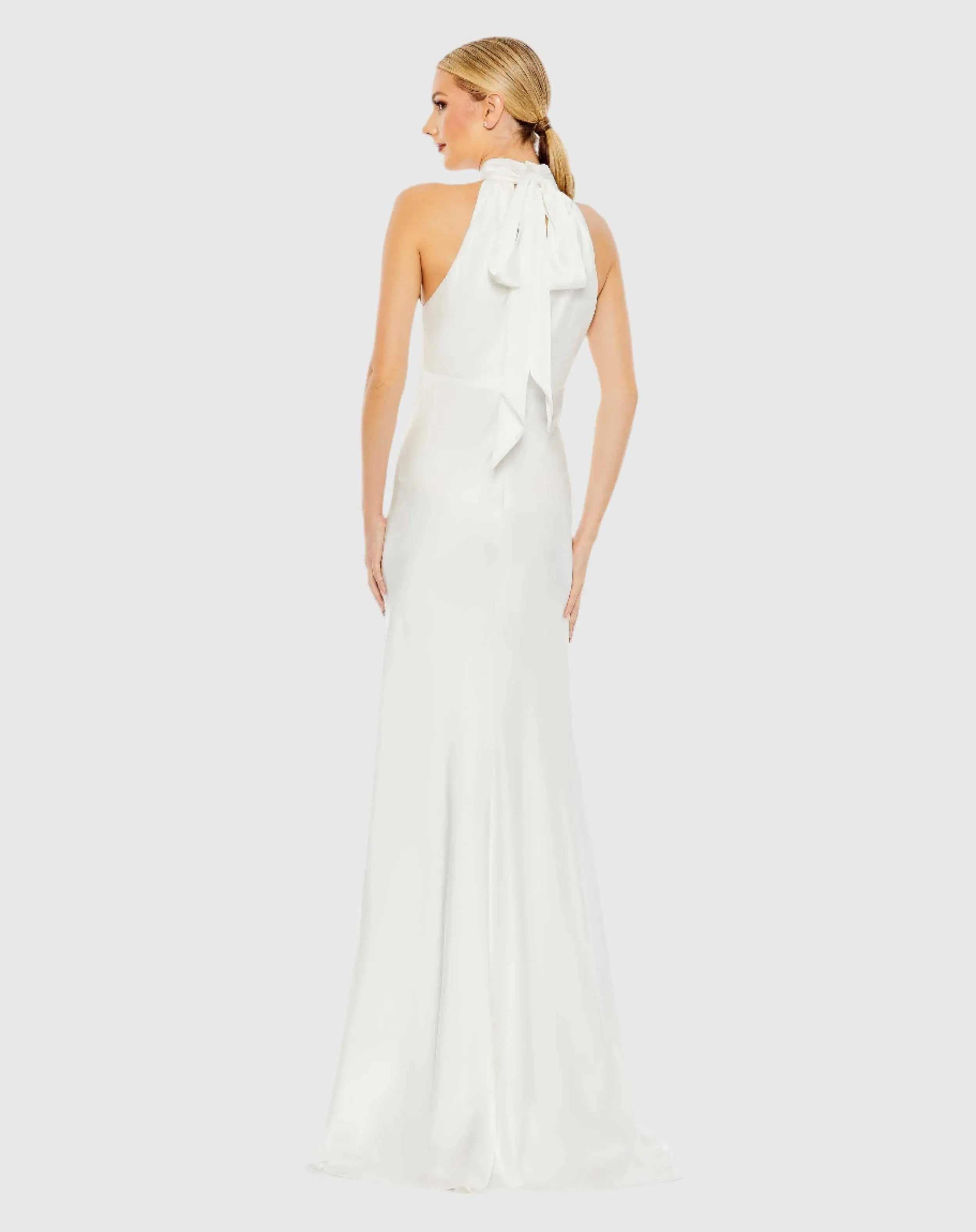 White Keyhole Halter Empire Waist Gown