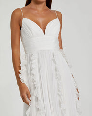 White Pleated Sleeveless Flowy Chiffon Gown