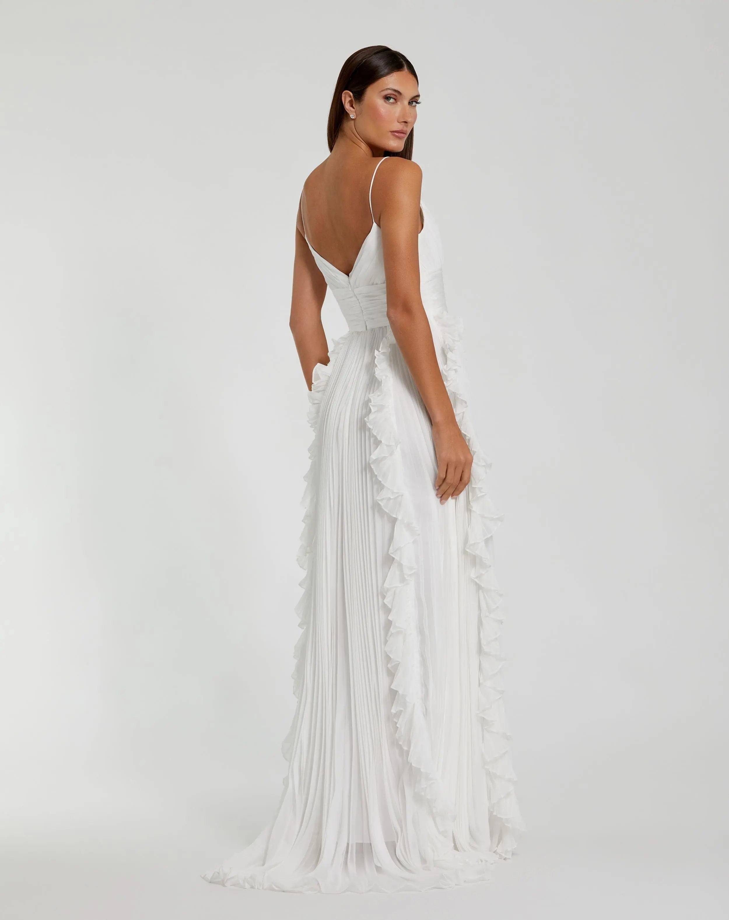 White Pleated Sleeveless Flowy Chiffon Gown