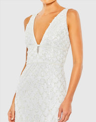 White Sequined Plunge Neck Sleeveless Column Gown
