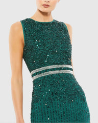 Green Sleeveless High Neck Beaded Midi Sheath Dress