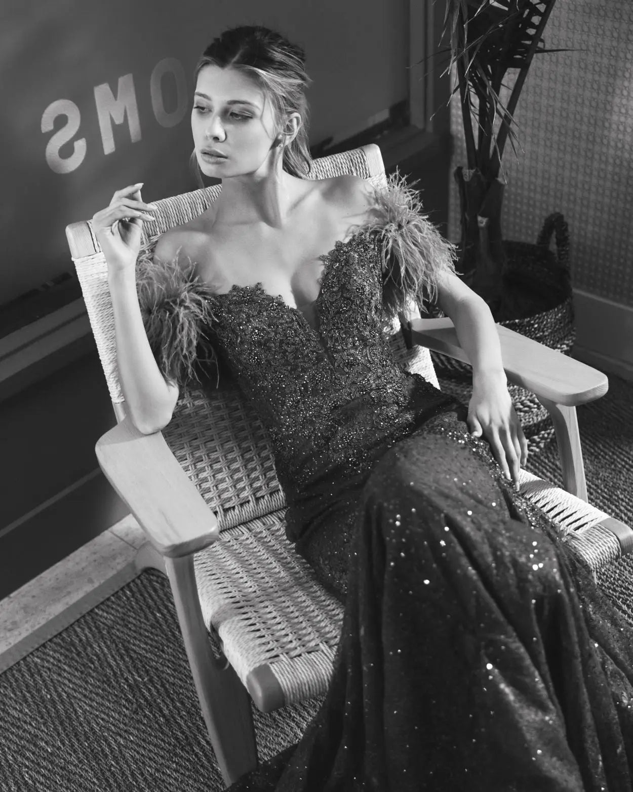 Green Feathered Crystal Embellished Sleeveless Gown